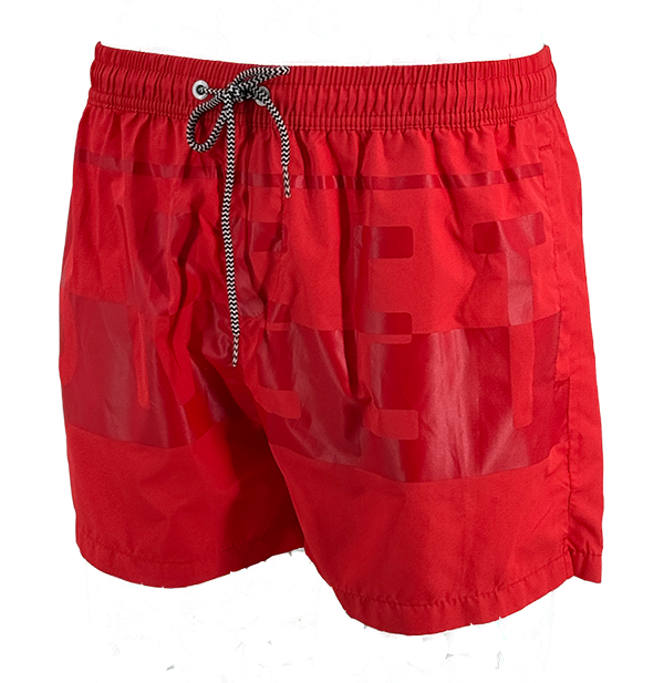 SWS250401 100% Polyester Mens Swim Shorts in Red and Matching Color Print