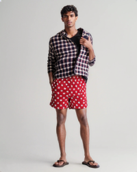 SWS250402 100% Polyester Mens Swim Shorts in Red with White Star print