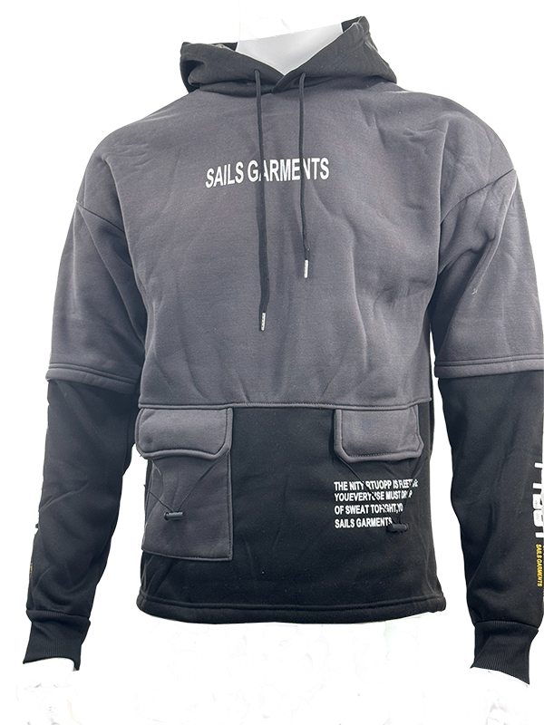 HOD250404 Mens 100% Polyester Fleece Hoodie in Grey with Black color contrast