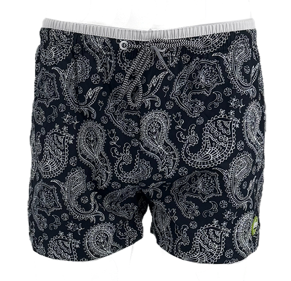 SWS250404 100% Polyester Mens Swim Shorts in Black with Grey Paisley print