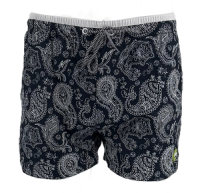 SWS250404 100% Polyester Mens Swim Shorts in Black with Grey Paisley print
