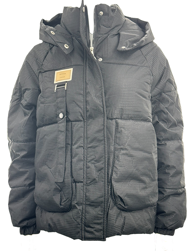 MPJ250402 Mens Textured Nylon Padded Jacket in Black with a Tan Badge