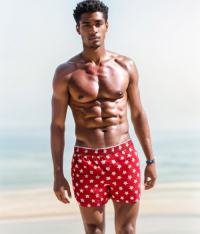 SWS250402 100% Polyester Mens Swim Shorts in Red with White Star print