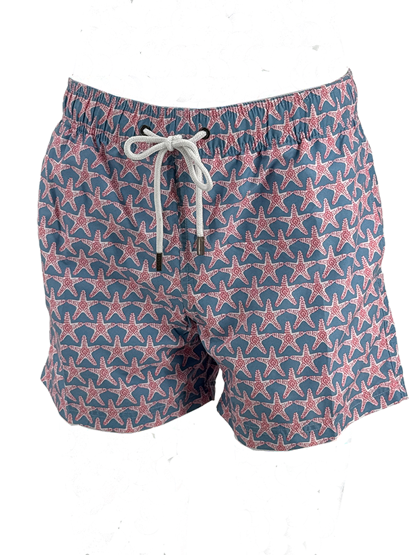 SWS250403 100% Polyester Mens Swim Shirts in Purple and Coral Print