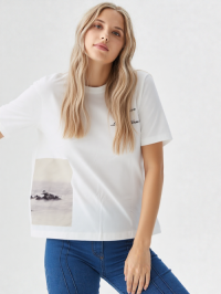 STS250701 98% Polyester 2% Spandex Women's Soft Handfeel White color Printed Round-neck Tshirt