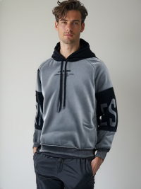 HOD250402 Mens 100% Polyester Classic Hoodie in Black and Grey with Bold Print on Sleeve