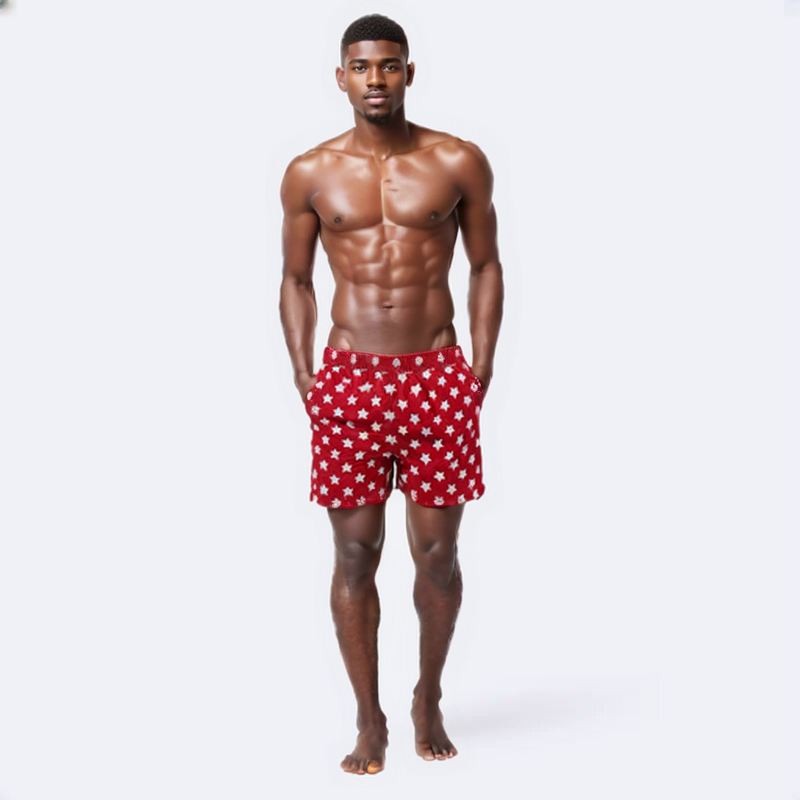 SWS250402 100% Polyester Mens Swim Shorts in Red with White Star print