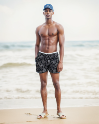 SWS250404 100% Polyester Mens Swim Shorts in Black with Grey Paisley print