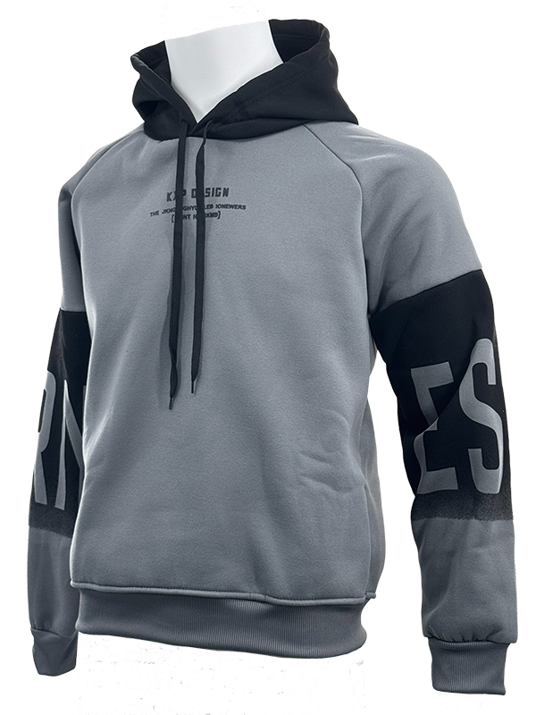 HOD250402 Mens 100% Polyester Classic Hoodie in Black and Grey with Bold Print on Sleeve