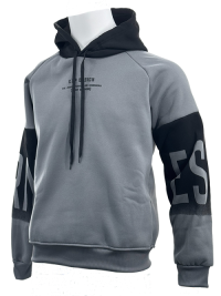 HOD250402 Mens 100% Polyester Classic Hoodie in Black and Grey with Bold Print on Sleeve