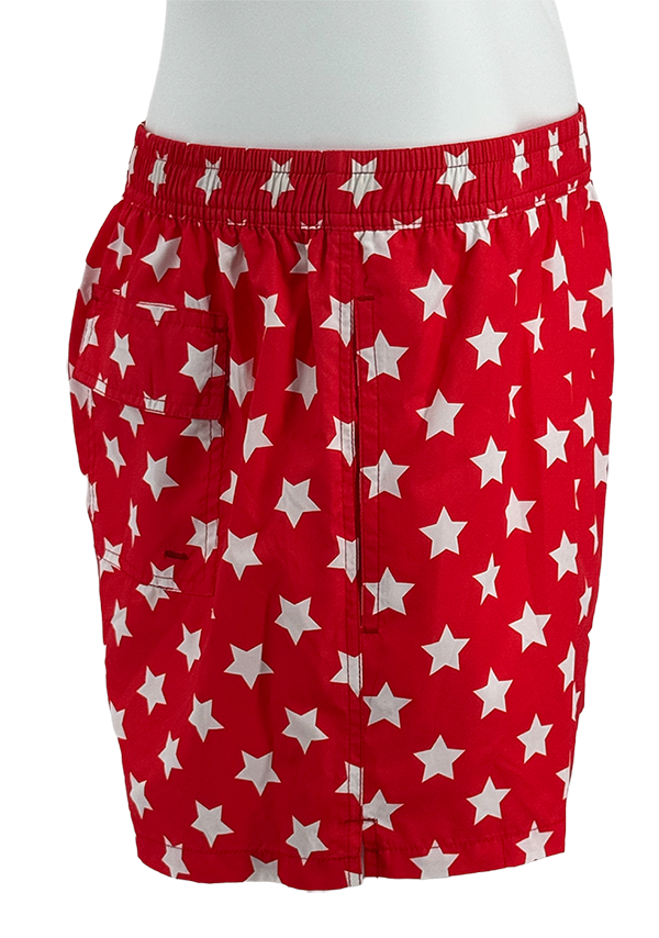 SWS250402 100% Polyester Mens Swim Shorts in Red with White Star print