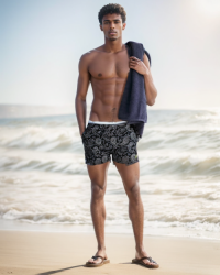SWS250404 100% Polyester Mens Swim Shorts in Black with Grey Paisley print