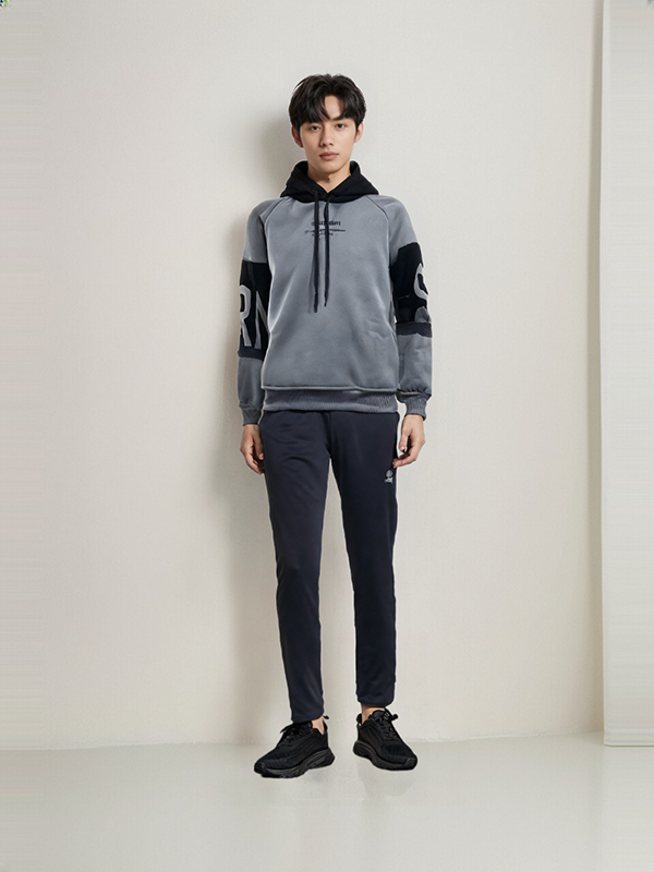 HOD250402 Mens 100% Polyester Classic Hoodie in Black and Grey with Bold Print on Sleeve