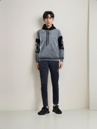 HOD250402 Mens 100% Polyester Classic Hoodie in Black and Grey with Bold Print on Sleeve