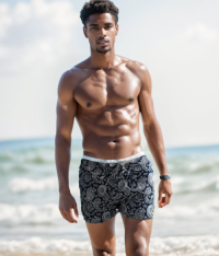 SWS250404 100% Polyester Mens Swim Shorts in Black with Grey Paisley print