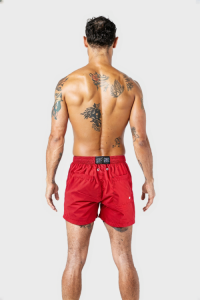 SWS250401 100% Polyester Mens Swim Shorts in Red and Matching Color Print