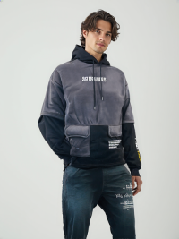 HOD250404 Mens 100% Polyester Fleece Hoodie in Grey with Black color contrast