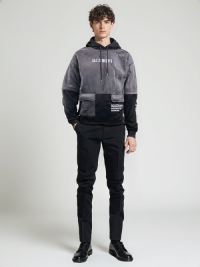HOD250404 Mens 100% Polyester Fleece Hoodie in Grey with Black color contrast