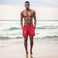 SWS250401 100% Polyester Mens Swim Shorts in Red and Matching Color Print