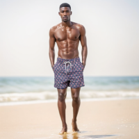 SWS250403 100% Polyester Mens Swim Shirts in Purple and Coral Print