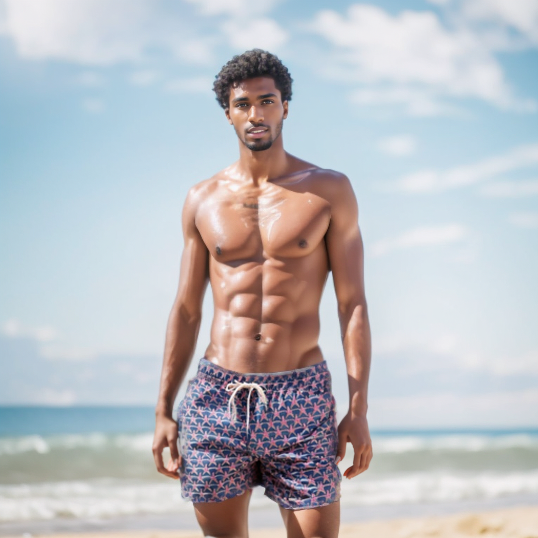 SWS250403 100% Polyester Mens Swim Shirts in Purple and Coral Print