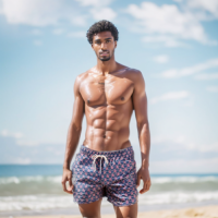 SWS250403 100% Polyester Mens Swim Shirts in Purple and Coral Print