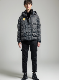 MPJ250402 Mens Textured Nylon Padded Jacket in Black with a Tan Badge