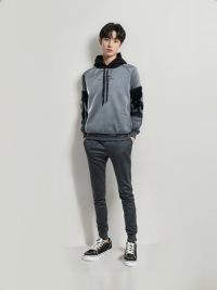 HOD250402 Mens 100% Polyester Classic Hoodie in Black and Grey with Bold Print on Sleeve