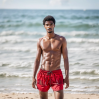 SWS250401 100% Polyester Mens Swim Shorts in Red and Matching Color Print