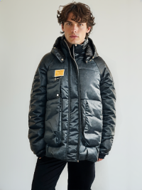 MPJ250402 Mens Textured Nylon Padded Jacket in Black with a Tan Badge