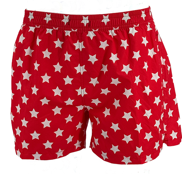 SWS250402 100% Polyester Mens Swim Shorts in Red with White Star print