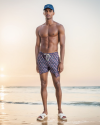 SWS250403 100% Polyester Mens Swim Shirts in Purple and Coral Print